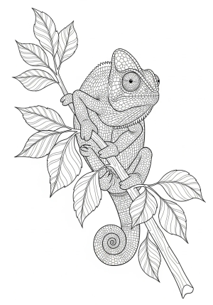 A detailed chameleon perched on a leafy branch with intricate textured scales and a curious expression.