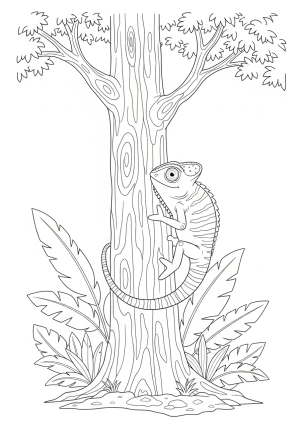 A playful chameleon climbing a tall tree trunk surrounded by lush foliage and detailed bark patterns.