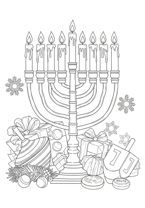 A detailed illustration of a menorah with nine lit candles, surrounded by festive Hanukkah decorations such as dreidels and gelt, capturing a joyful holiday scene