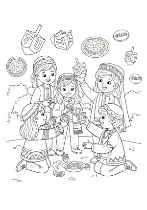 A scene of children playing dreidel outdoors during Hanukkah, with traditional patterned clothing and holiday elements like latkes and gelt in the background