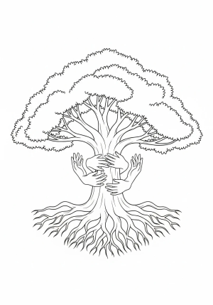 A nurturing tree with its roots spreading wide, surrounded by caring hands reaching up towards it, representing growth and support.
