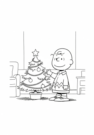 A whimsical Charlie Brown standing proudly next to a small, sparse Christmas tree decorated with a single ornament, in a cozy indoor setting