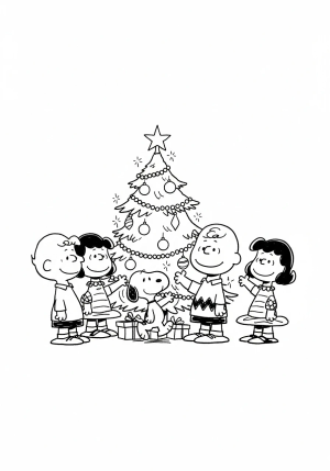 A cheerful scene of Charlie Brown and friends gathered around a simple Christmas tree, with joyful expressions and holiday decorations in a classic cartoon style