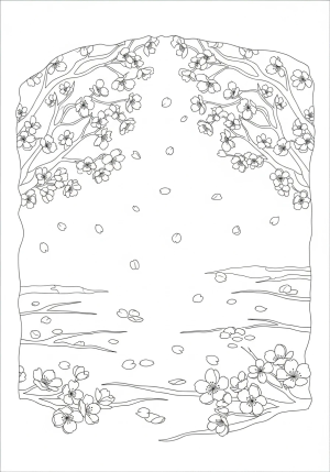 A peaceful scene of a cherry blossom grove with scattered flowers on the ground and gently falling petals in the breeze.