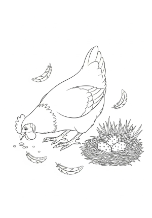A playful hen pecking at the ground with a nest of eggs nearby and a few scattered feathers, depicted in a simple, clean line art style