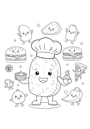 A cheerful chicken nugget character wearing a chef's hat and holding a dipping sauce in one hand, surrounded by fun food-themed elements.