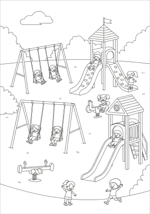 A joyful children’s playground scene with swings, slides, and children playing together