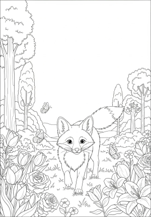 A curious young animal exploring a lush garden filled with flowers, butterflies, and trees