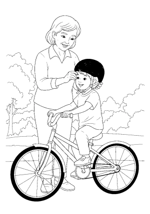A friendly adult helping a child put on a bike helmet before riding their bike in a park.