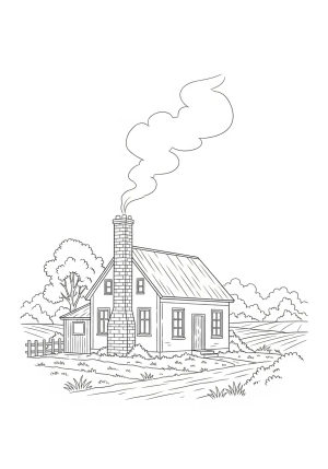A cozy house with a tall, brick chimney emitting gentle smoke wisps in a peaceful rural scene