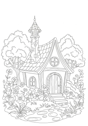 A whimsical European-style cottage with a spiraled chimney surrounded by blooming flowers and lush trees
