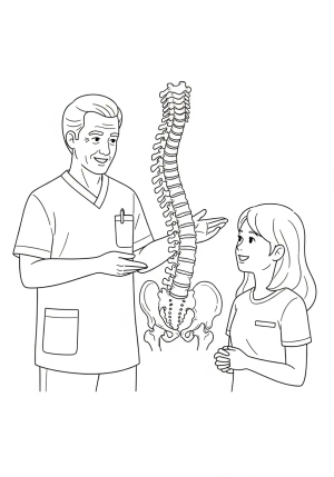 A friendly chiropractor explaining spinal health to a happy patient with a detailed anatomical spine diagram.
