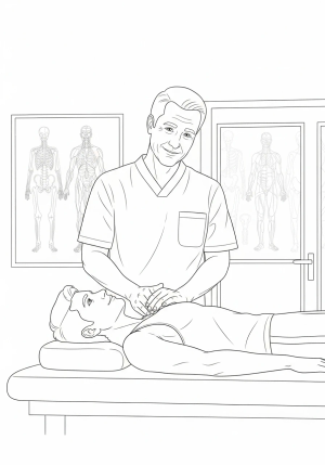 A friendly chiropractor adjusting a patient's spine in a modern clinic setting with anatomical charts in the background.
