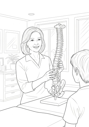 A cheerful chiropractor explaining spinal health to a patient using a model of the human spine in a bright, inviting office.