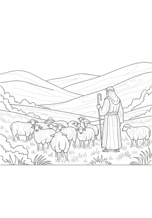 A peaceful scene of a biblical shepherd tending to a flock of sheep in a lush field with rolling hills in the background.