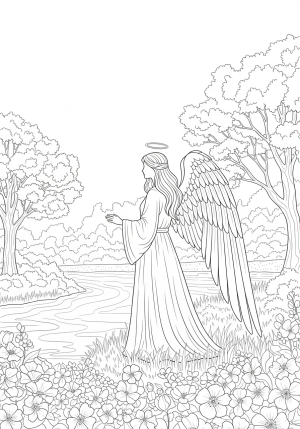 An angelic figure with large, graceful wings standing beside a serene river, surrounded by blooming flowers and trees.