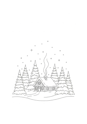 A cozy winter scene with a snow-covered cottage, pine trees, and twinkling lights in the night sky.