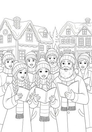 A joyful group of Christmas carolers singing together outdoors, bundled in festive winter clothing with decorated houses in the background
