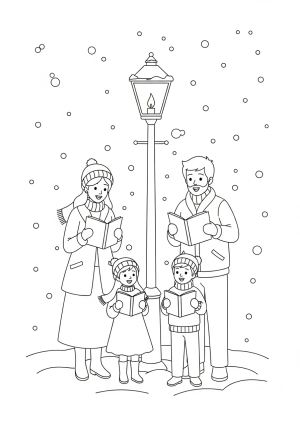 A cozy scene of a family of carolers standing around a lamppost under a snowfall, holding songbooks and singing cheerfully