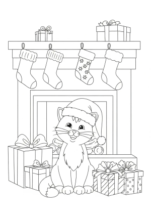 A cheerful cat wearing a Santa hat sitting amidst wrapped presents and stockings hanging by a fireplace