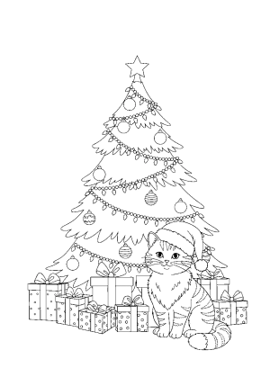 A cute cat wearing a Santa hat sitting next to a decorated Christmas tree with presents around it