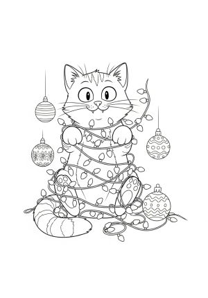 A playful cat tangled in Christmas lights with ornaments hanging nearby