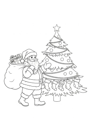 A detailed scene of Santa Claus carrying a large sack of presents in front of a decorated Christmas tree with stockings hanging above.