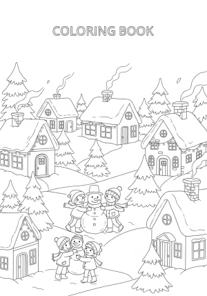 A cozy winter village scene with children building a snowman, surrounded by snow-covered houses and pine trees decorated with lights.