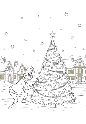 A cheerful scene of the Grinch stealthily stealing a beautifully decorated Christmas tree under a starry night sky, with cozy houses glowing in the background.