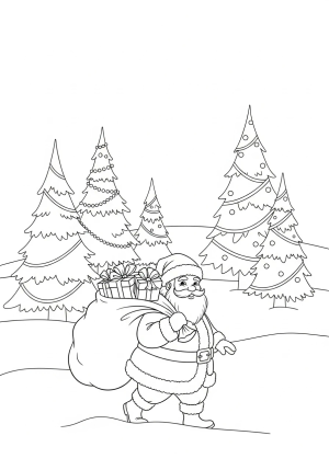 A festive Christmas scene featuring a jolly Santa Claus with a bag of presents in a snowy landscape with decorated pine trees