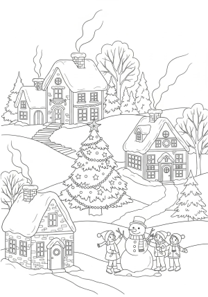 A charming Christmas village with cozy houses, a decorated pine tree, and children building a snowman