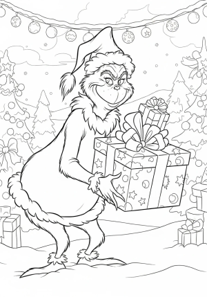 The Grinch joyfully holding a large wrapped present with a mischievous grin, surrounded by snow and holiday decorations