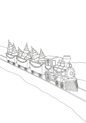 A festive Christmas train chugging through a snowy landscape with decorated cars and Christmas trees on board