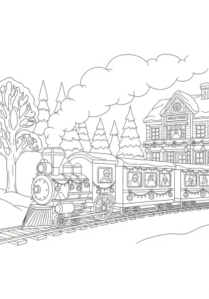 A cheerful holiday train decorated with ornaments and lights, passing through a winter wonderland with snow-covered trees and a decorated station