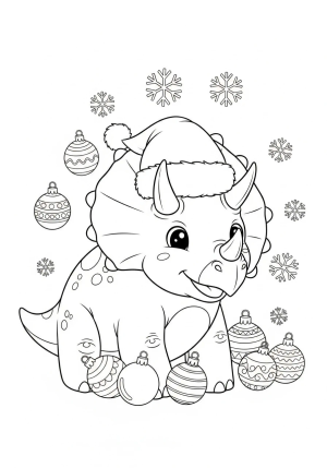 A friendly cartoon dinosaur wearing a Santa hat and surrounded by Christmas ornaments and snowflakes