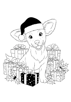 A playful puppy wearing a Santa hat, surrounded by wrapped Christmas presents and holly leaves.