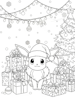 A cute Eevee wearing a Christmas Santa hat with snowflakes falling around it, surrounded by wrapped presents and holiday decorations