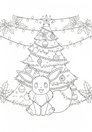 Eevee sitting happily by a decorated Christmas tree with ornaments and a star on top, with a festive background of holly and fairy lights