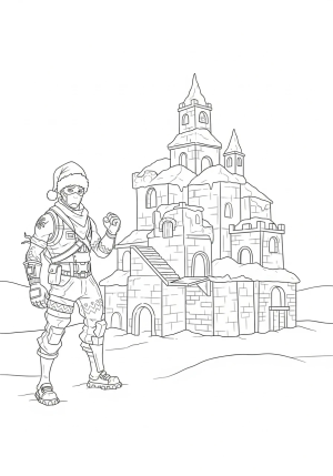 A Fortnite character wearing a Santa hat and holiday-themed armor building a festive snow fort amidst a snowy landscape