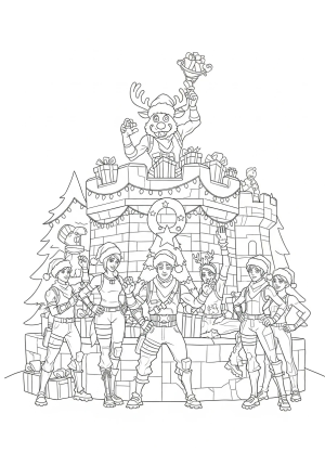 A group of Fortnite characters dressed in Christmas costumes, celebrating around a decorated holiday fort with twinkling lights and presents