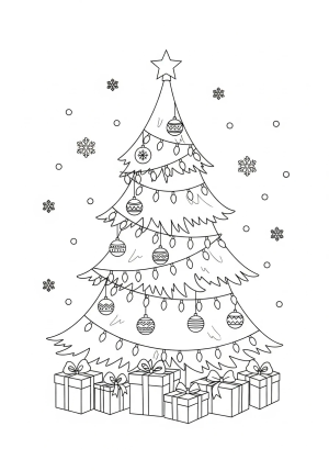 A festive Christmas tree decorated with hanging lights and ornaments, surrounded by wrapped presents and snowflakes in a whimsical style