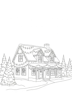 A charming house with strings of Christmas lights draped across the roof and windows, set in a snowy winter scene with pine trees and holiday decorations
