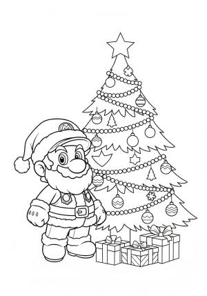 Mario dressed as Santa Claus celebrating Christmas in front of a decorated tree with ornaments and presents, in a joyful scene