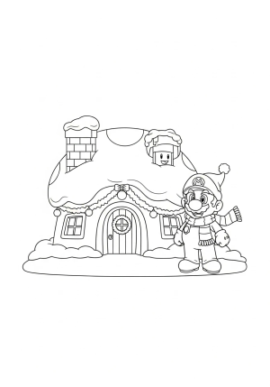 Mario wearing a festive elf hat and scarf, standing next to a snow-covered mushroom house adorned with holiday decorations