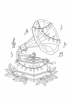 A detailed vintage-style phonograph with Christmas lights draped around it, surrounded by musical notes and holly leaves