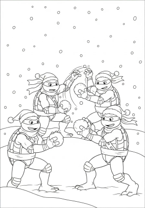 Leonardo, Raphael, Donatello, and Michelangelo dressed as ninjas in winter scarves and Santa hats, engaged in a playful snowball fight in a snowy scene