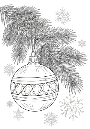 A detailed illustration of a festive Christmas ornament hanging from a decorated pine branch with snowflakes around it