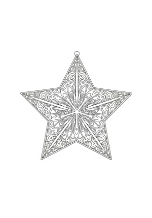 A whimsical Christmas ornament shaped like a star with intricate patterns and swirling designs