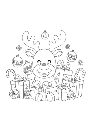 A playful reindeer with a big smile, surrounded by Christmas ornaments, candy canes, and wrapped presents in a cheerful winter scene