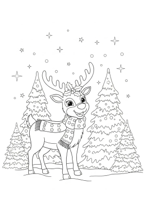 A joyful reindeer wearing a festive scarf and holly, standing amidst snow-covered pine trees with twinkling stars above
